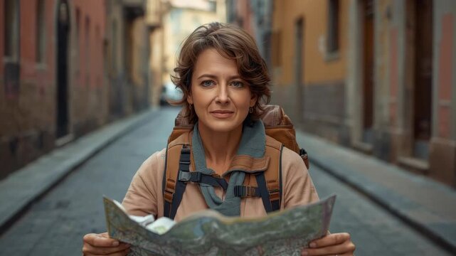 Woman traveler with backpack reading map narrow European street, smiling and curious traveler