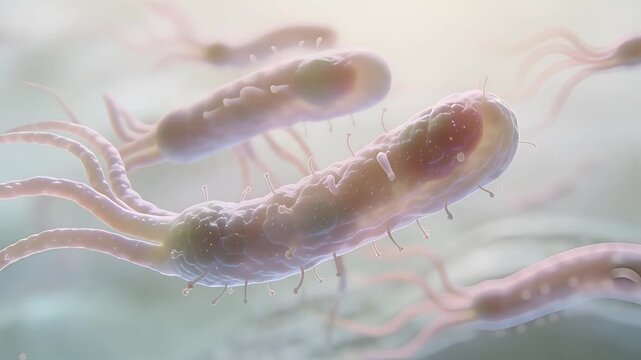 Helicobacter Pylori Bacteria Microscopic View, Gastric Ulcer Pathogen, Medical Science Background.