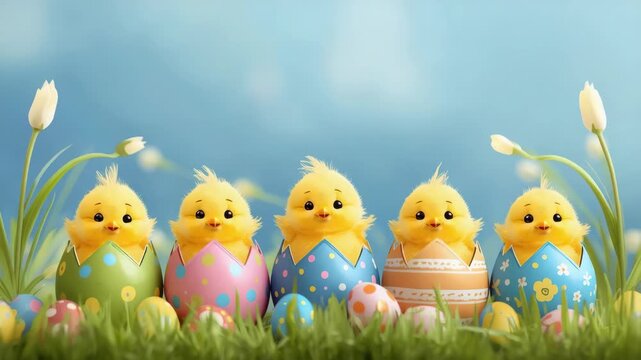 Chick egg hatching in spring meadow grass with decorated pastel and colorful eggs joyful scene