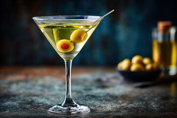 Classic martini cocktail served in elegant glass with olives and green background at a stylish bar setting