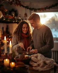 Couple preparing holiday meal together
