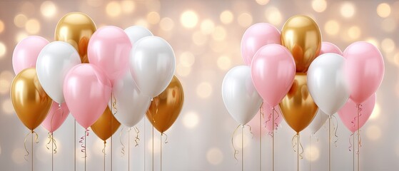 Balloons in pink, gold, and white with a festive background for celebration events like birthday parties and gatherings