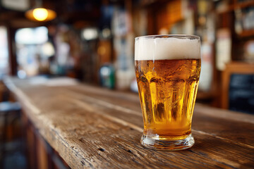 Cold glass of beer sits on wooden bar counter in a busy pub