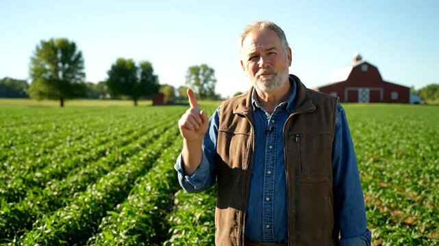 Man in field, wearing vest, looks towards camera. Green crop rows and distant barn