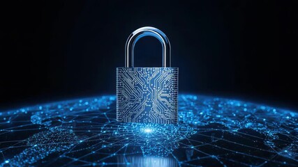 Cybersecurity padlock on glowing digital network map and global network grid for data protection - Powered by Adobe