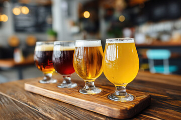 Craft beer tasting flight with different styles of beer set on a wooden table at a tasting room in the afternoon