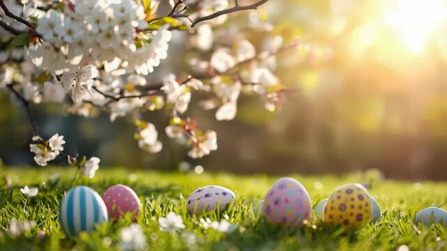 Colorful Easter egg grass spring blossom sunlight decorated painted eggs grassy field blooming tree
