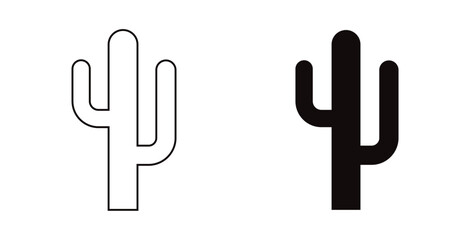 Saguaro cactus icon set; black silhouette and outline vector illustration of desert flora for southwest and nature themes | Flat and Outline Cactus Vector Icon | Cactus Symbol Vector &ndash; Flat and Thin