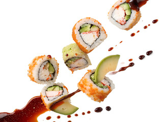 sushi rolls with sauce isolated on white background