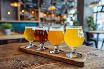 Craft beer tasting flight on wooden table with four different glasses at a brewery in the evening