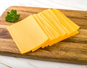 Sliced cheese on wooden board with parsley garnish