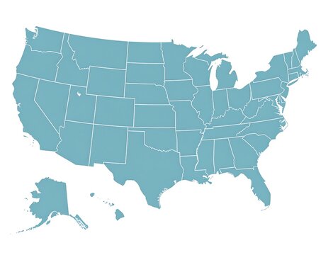 A simplified, color-filled silhouette map representing the contiguous United States, including Alaska and Hawaii