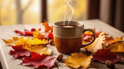 Steaming cup of coffee on a table surrounded by colorful autumn leaves and acorns on a cozy fall day