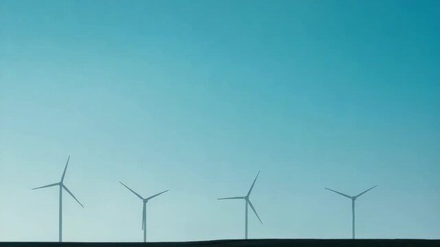 Wind turbine silhouette row flat horizon with calm teal blue sky evoking serene windmill renewable