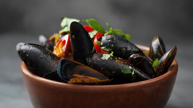 Steaming mussel bowl with tomato broth, herb and chili, savory seafood stew aromatic coastal comfort