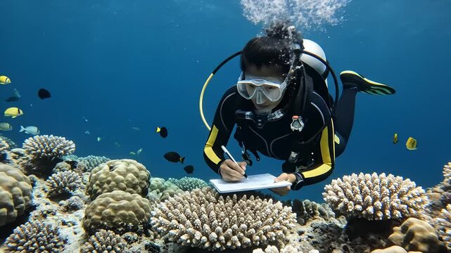 Marine Biologist Underwater Writing on Clipboard Inspecting Coral Reef