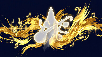 Goddess Saraswati Silhouette with Veena, Golden Cosmic Music Energy