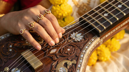 Hands Playing Veena, Traditional Indian Musical Instrument with Jewelry