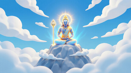 Lord Murugan Meditating on Mountain Top, Divine Blue Aura