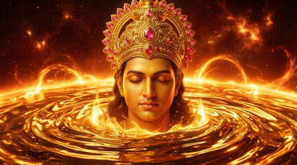 Lord Vishnu Meditating in Fiery Sun, Cosmic Avatar and Energy