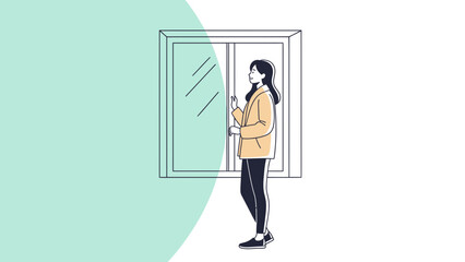 Obraz premium Young woman standing by a window looking at her smartphone in a minimalistic illustration