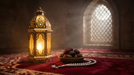 Ramadan Kareem: Traditional Islamic Lantern, Dates, and Prayer Beads in Mosque Setting