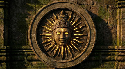 Hindu Sun God Surya Stone Carving, Ancient Temple Art with Golden Glow
