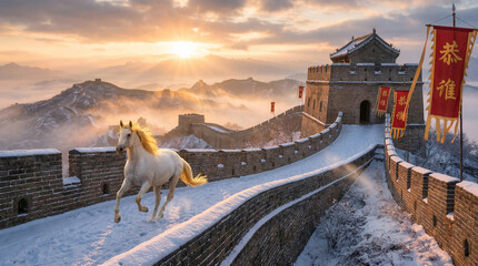 White Horse Running on Great Wall of China in Winter Sunset, Historical Fantasy