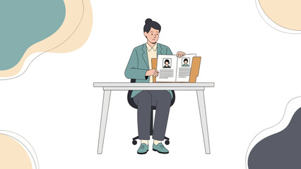 Fototapeta premium Professional woman reviewing her resume and identification documents at desk in office setting