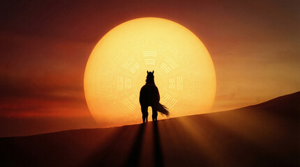 Year of the Horse: Horse Silhouette with Chinese Zodiac Symbol on Sun in Desert