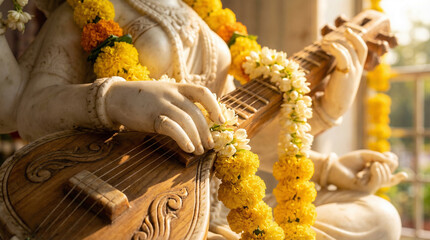Goddess Saraswati Statue Hands Playing Veena, Close-up with Marigold Garlands