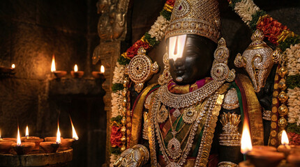 Lord Venkateswara Idol in Temple with Oil Lamps and Garlands, Traditional Indian Worship