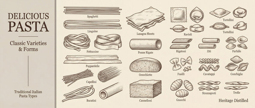 A stunning collection of traditional Italian pasta shapes showcasing diversity and craftsmanship in culinary art