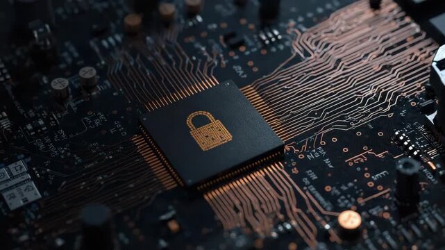 Secure microchip circuit board glowing padlock icon conveying encryption hardware security
