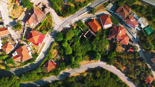High Angle Vertical Aerial Drone Shot Looking Down Over the Traditional Village of Kallirachi, Thasos Island, Greece.