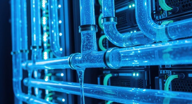 Detailed view of liquid coolant flowing through transparent pipes in a cuttingedge supercomputing cluster illustrating advanced thermal management.