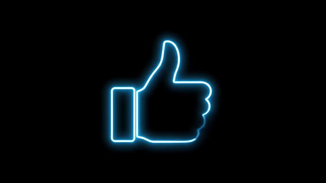 A glowing blue neon like thumb icon on a black background.