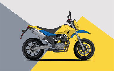 Fototapeta premium Vibrant yellow and blue supermoto motorcycle vector illustration side profile on abstract geometric background design.