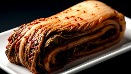 Korean mugeunji aged kimchi, showing deeply fermented, translucent cabbage leaves with intense umami flavors, on a piece of pristine white porcelain 