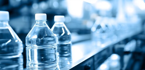 Bottling plant producing bottled water on conveyor belt