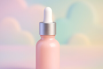 A pink dropper bottle on a pastel colored background with clouds