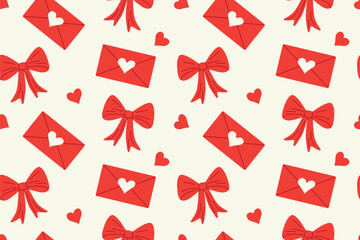 Valentine's Day seamless pattern with love letters, bows and hearts; february background- vector illustration