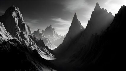 Dramatic black and white mountain landscape with contrasting light, mysterious and majestic.