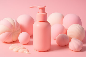 Pink lotion bottle and decorative balls on pastel background