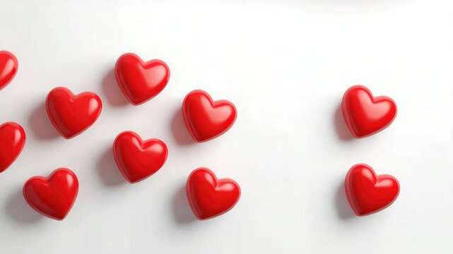 Red heart candy cluster and glossy heart candy scattered on white surface with soft shadow love