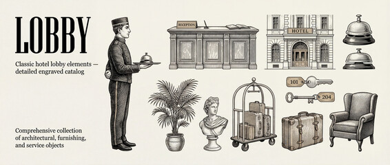 Engraved collection of classic hotel lobby elements showcasing elegance and service in a detailed artistic design