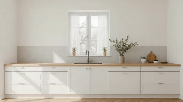 Minimal kitchen white cabinet wooden countertop window light potted plant sink faucet calm bright