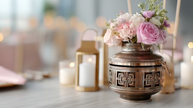 Ornate metal cremation urn with roses and candles set in a blurred background with warm lights during a quiet gathering
