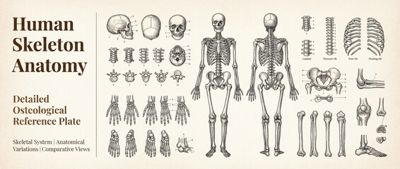 Detailed engraving showcasing human skeleton anatomy with intricate illustrations of bones and skeletal structure from multiple angles