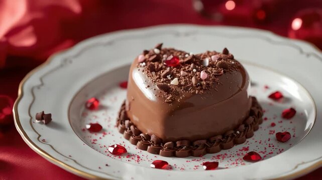 Heart shaped chocolate mousse cake dessert plate with chocolate heart, red jewel garnish
